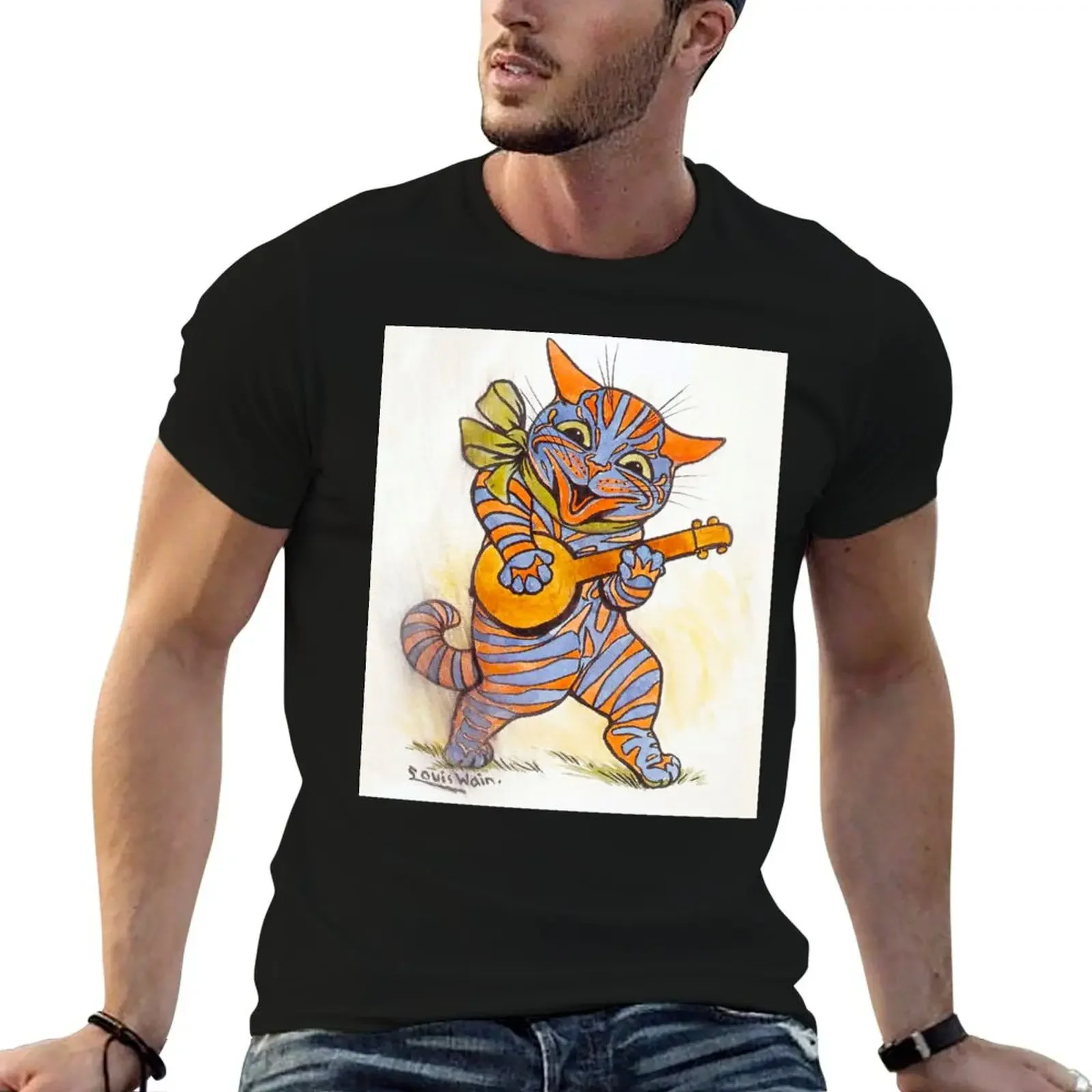 T-shirt chat avec chats luth pour hommes, chemise d'art personnalisée, chemises de créateurs, HD Modiis Wain