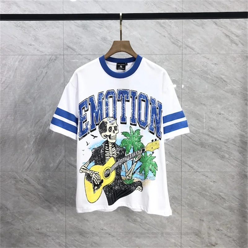

Летняя футболка лучшего качества со смешанным эмоциями, повседневная футболка большого размера для мужчин и женщин, топ с черепом, гитариста, лоскутная футболка с цветными блоками