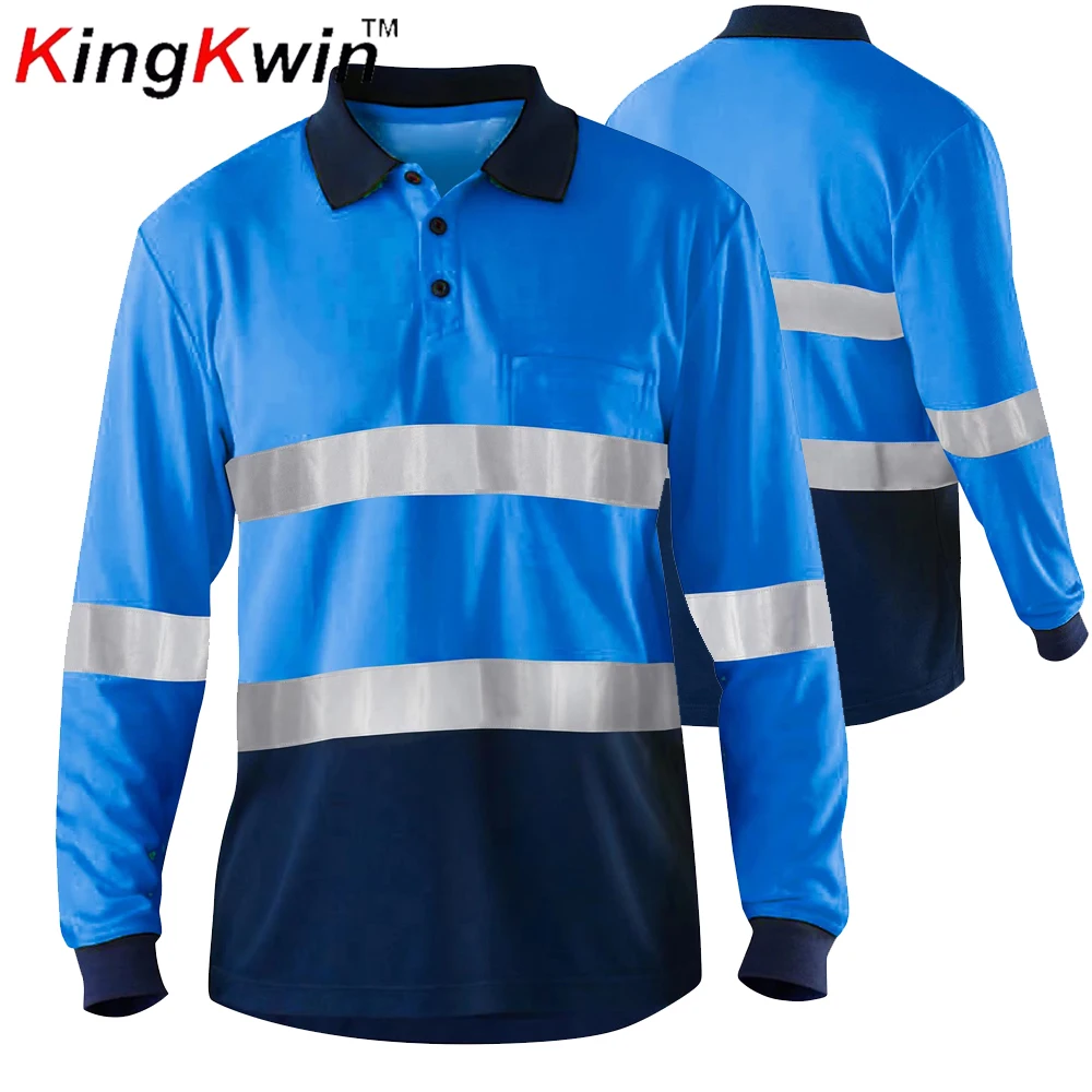 Long Sleeve Blue Safety Polo Shirts Reflective Hi vis workwear for Construction Workers