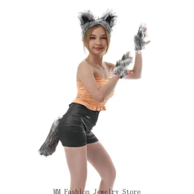 Winter Costume Wolf Accessory Set With Soft Animal Ear Headpiece, Tail and Coordinated Hand Accents for Travel D0UB