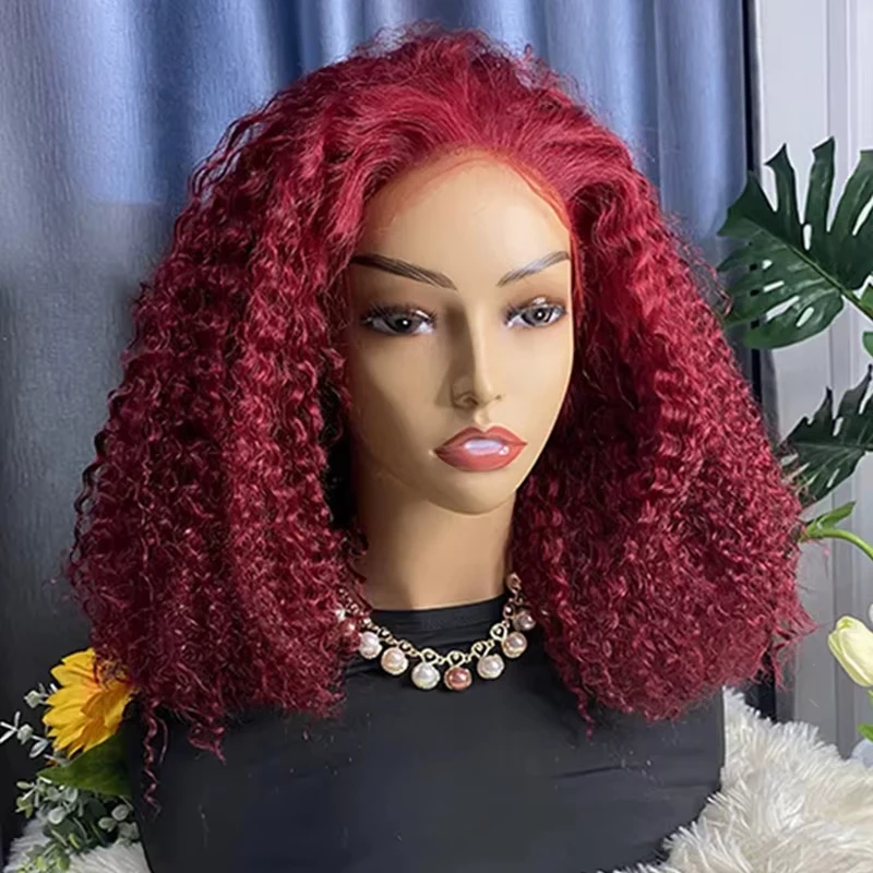200密度 13x4 カール 99J バーガンディ レースフロントウィッグ 赤ワイン色 22インチ ディープウェーブ ブラジリアンHDレースフロント 人毛ウィッグ