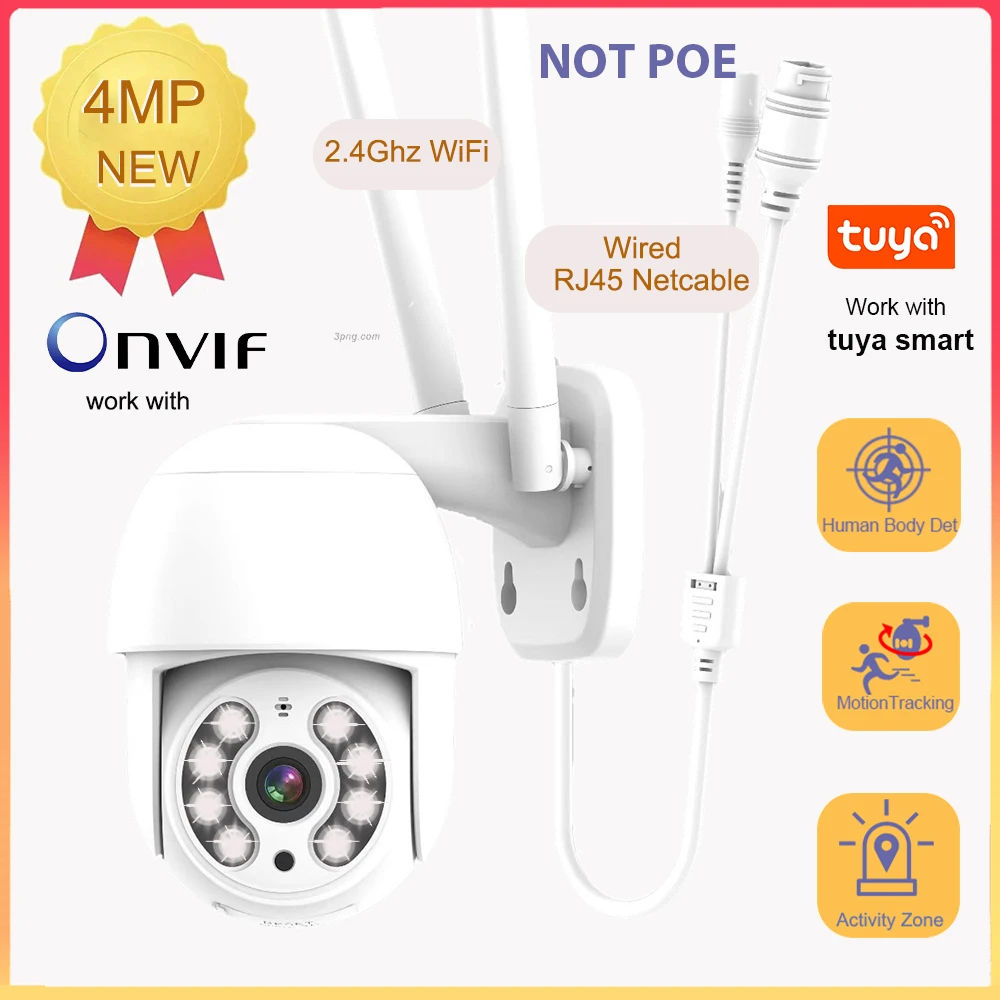 Tuya 4MP Outdoor WiFi Camera Color Night Vision 2.4Ghz Wired NOT POE IP Camera Area Alarm AI Track PTZ IP66 Two Way Audio ONVIF