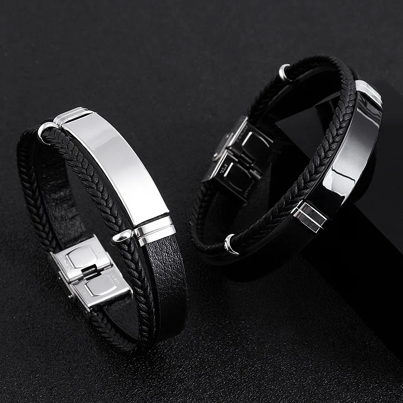 Homme Stainless Steel Bracelet Double Layer Twist Braid Leather Rope Bracelets For Men Hiphop Rock Fashion Jewelry Accessories