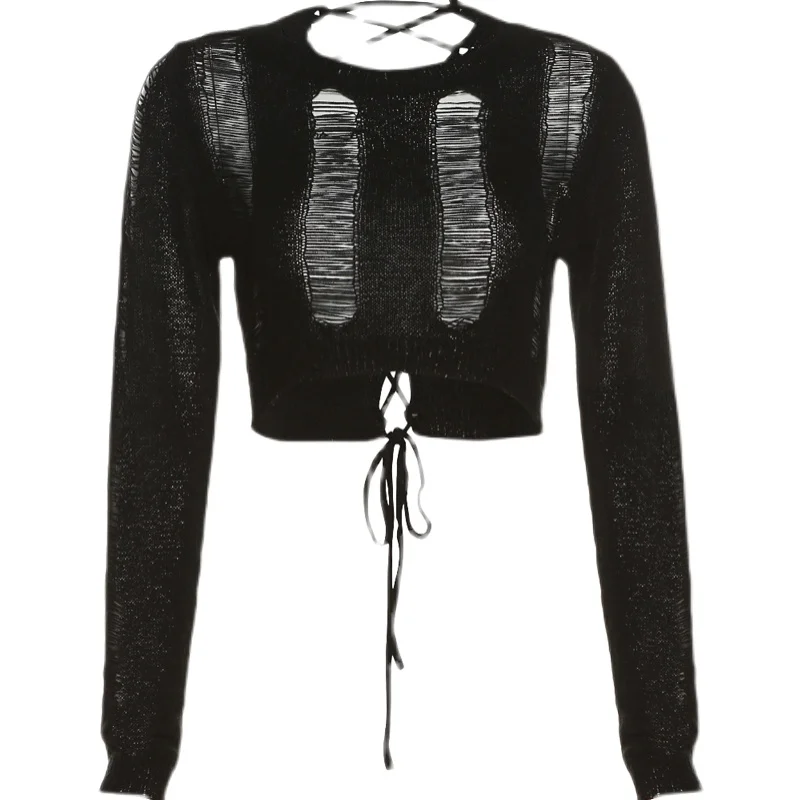 Gothic Fashion Cropped Sweater Sexy Hollow Out Back Bandage Tops Women Black Pullover Streetwear Punk Knitted Sweater Jumper