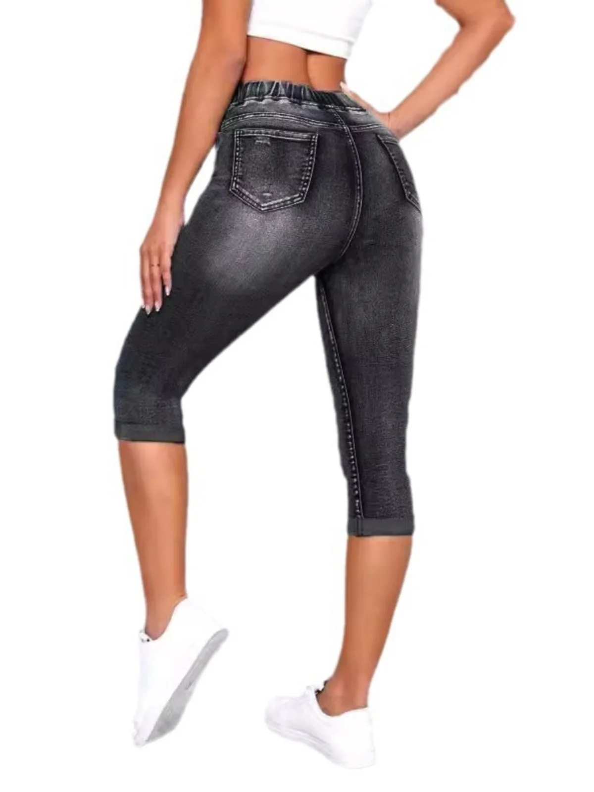 Pantalones Vaqueros de Mezclilla Elásticos con Roturas, Corte a la Altura de la Rodilla, Cintura Alta, Pierna Recta, Azul Oscuro, Primavera-Otoño, para Mujer...