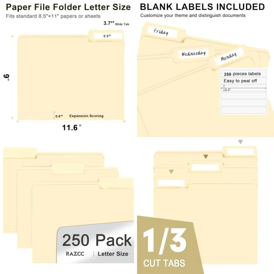 

Папка для файлов RAZCC, 250 шт., 1/3 вырезанных папок для файлов, размер письма, Manila Папки, папки с вкладкой, идеально подходят для офисной организации S