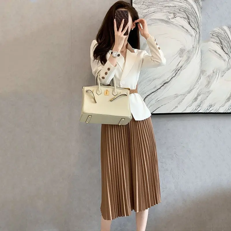 2024 Winter Elegant Fashion Harajuku Slim Fit Matching Sets Loose Casual All Match Long Sleeve Suit Pleated Skirt Two Piece Set