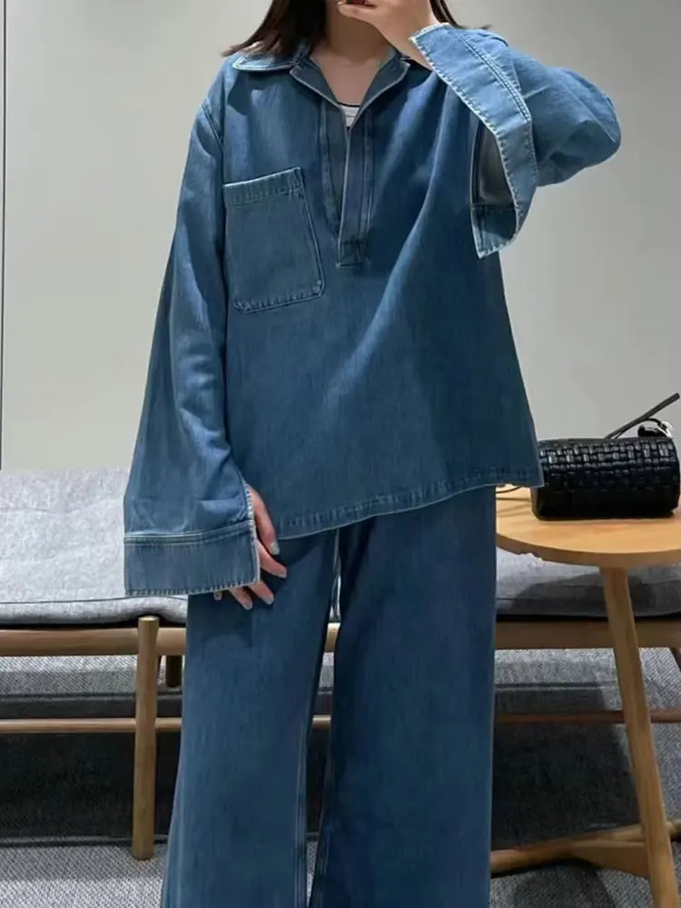 TRAFZA Women Blue Denim Blouse Pant Suit Long Sleeve Lapel Collar Shirt Drawstring Long Jeans Trousers Fashion Streetwear Sets