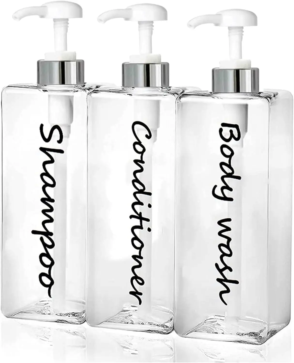 

21oz Shampoo Dispenser Set of 3 - Refillable Pump Bottles for Shower Soap, Conditioner, Body Wash with Waterproof Labels for