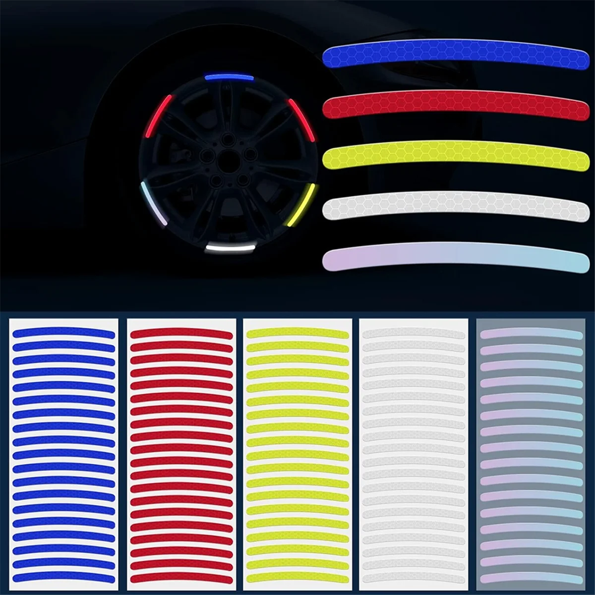 ONGE 100 Pcs Reflective Car Wheel Rim Stickers, Night Safety Warning Stripe, Decals Tape for Car, Motocycle