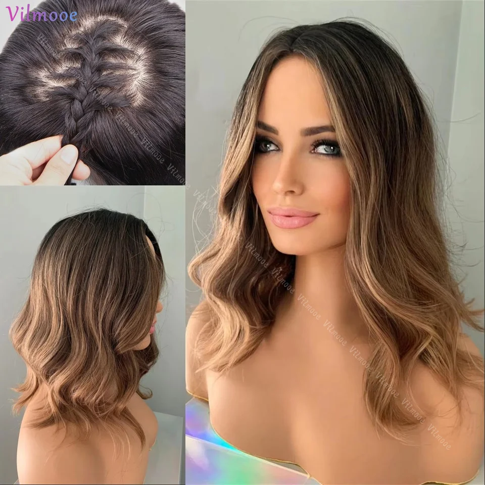 

Brown Root 5*5'' Silk Base Human Hair Wig with Baby Hair Short Natural Wave Ombre Honey Blonde 13x4 Lace Front Wig Pre Plucked