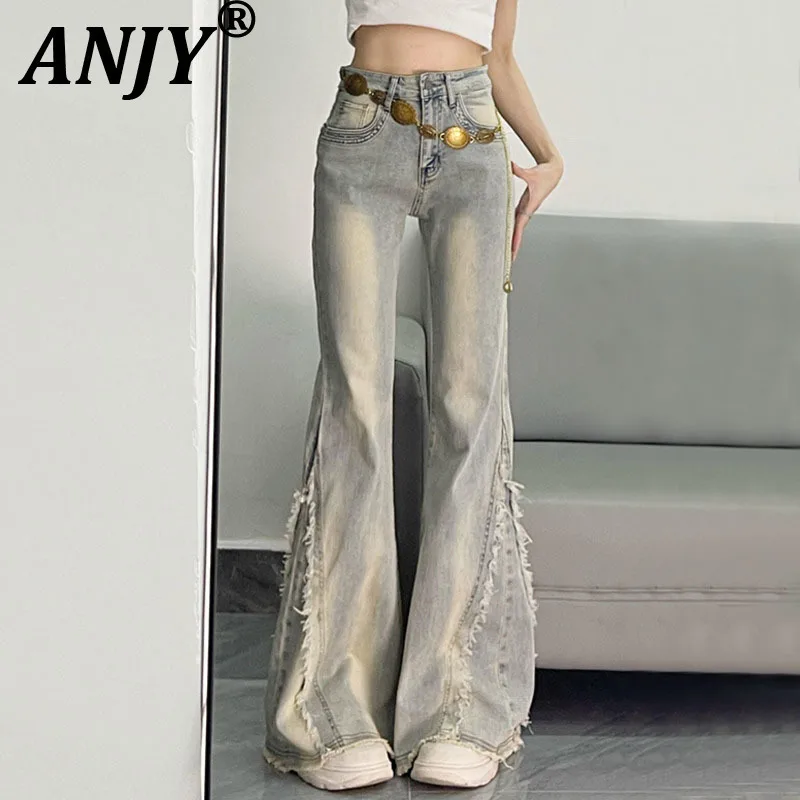 

ANJY Autumn New Women American Retro Stylish Flared Jeans Design Sense Vintage Distressed Frayed Edge Slimming Denim Pants A8413