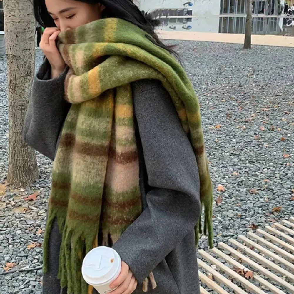 Women Winter Mohair Plaid Scarf Cashmere Scarves Soft Shawl Wrap Chequered Scarves Necks Warm Long Tassel Furry Neck Warmer