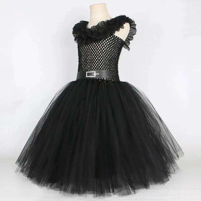 KidsGirls Gothic Dark Academy Long Tutu Gown with Lace Collar & Shoulder Bag Black Halloween Cosplay Fancy Dress Up Party Costum