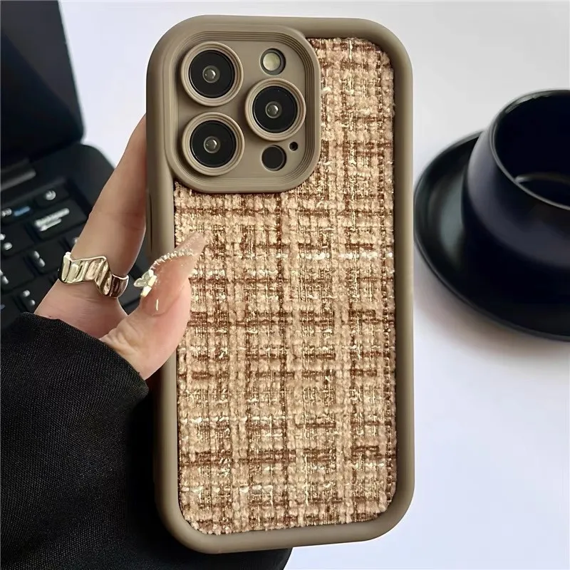 Ottwn Fashion Embroidery Fabric Cloth Phone Case For iPhone 15 14 13 12 11 Pro Fluffy Shockpoof Lens Protection Soft Back Covers