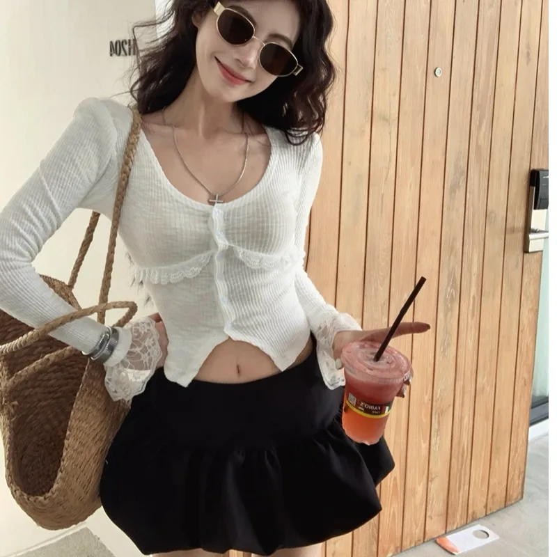 Cárdigan largo ajustado con ribete de encaje Sve V-Ne para mujer, cintura alta, campana, mezcla de algodón y poliéster, Faion de invierno