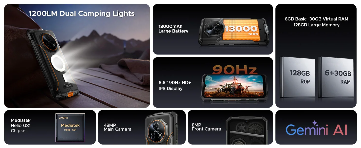 DOOGEE Fire 5 Ultra Dual Camping Lights 6.6" Rugged Phone 13000mAh Battery 36GB RAM (6+30) 128GB ROM Google Pay NFC Helio G81 Smart Phone
