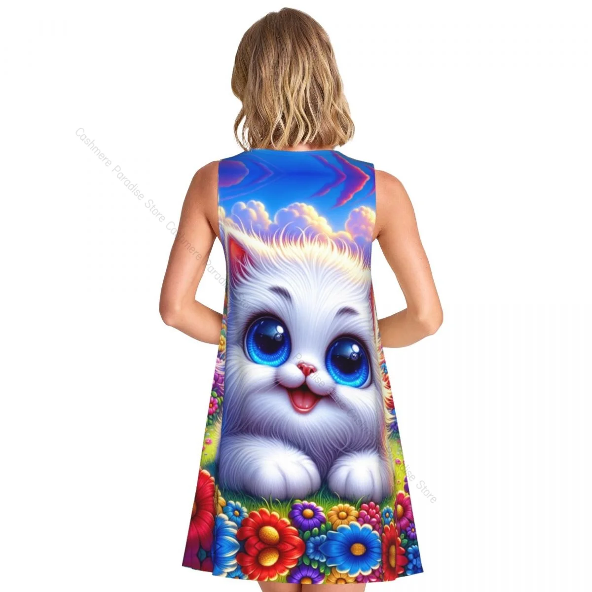 Robes d'été pour femmes, t-shirt de plage, sans manches, chat, décontracté, ample, débardeur, 2025