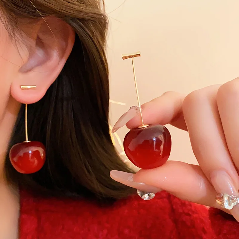 Cherry Strawberry Drop Earrings for Women Red Rhinestone Dangle Earrings Temperament Party Wedding Ear Jewelry Gifts