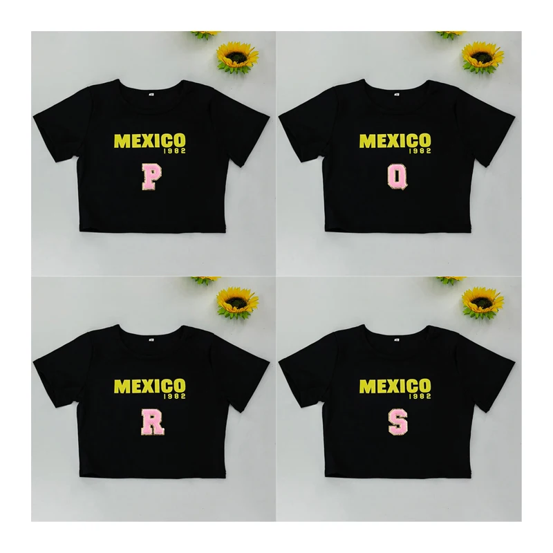 

26 Letters Graphic Mexico Short Sleeve T-Shirt Aesthetic Summer Slim Baby Tee Streetwear Black Women Crop Tops Y2K Clothes 2025