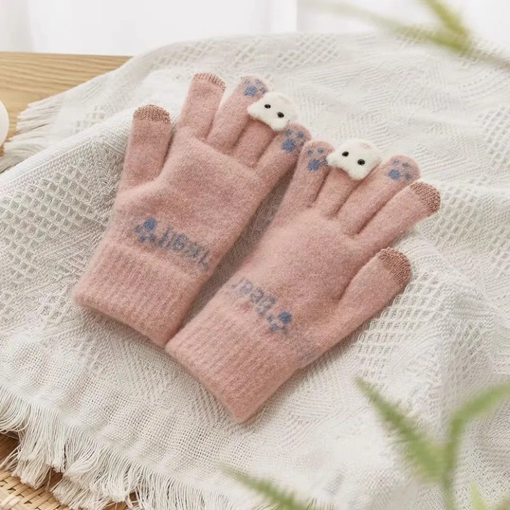 Cartoon Cow Gloves Protective Outdoor Gloves Paw Print Gloves Five-Finger For Walking Women Short Trips