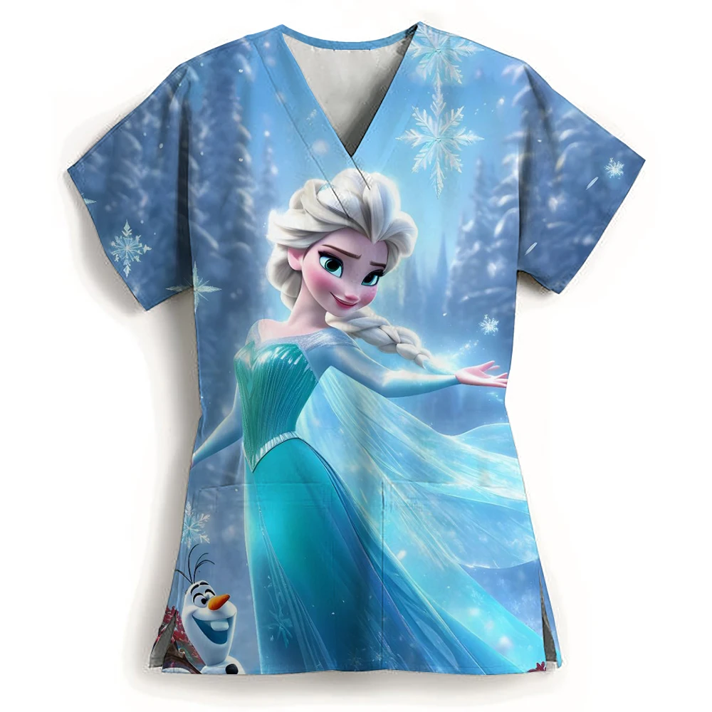 Disney Princess Summer Nurse Uniform Matte Top Women's Printed Nurse Uniform Short sleeved V-neck Top Work Shirt