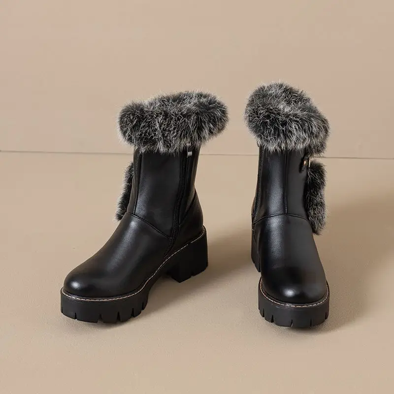 

ORCHALISA/зимние теплые плюшевые рыцарские сапоги для женщин, круглый носок, 5,5 см, массивный каблук, платформа, молния, металлическое украшение, большой размер 42 43