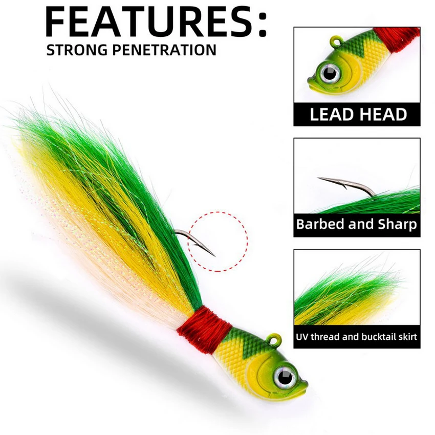 5 stücke Bucktail Jig Glow In The Dark Bucktail Angeln Jig Kopf Haar Jigs Für 7g-56g Bass frische & Salzwasser Angeln Zubehör – Detail 2
