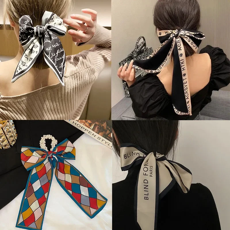 Fashion Retro Letters Hair Streamer Houndstooth French Ponytail Holder Multi-use Tassel Hair Bows Hair Bands Women Accessories