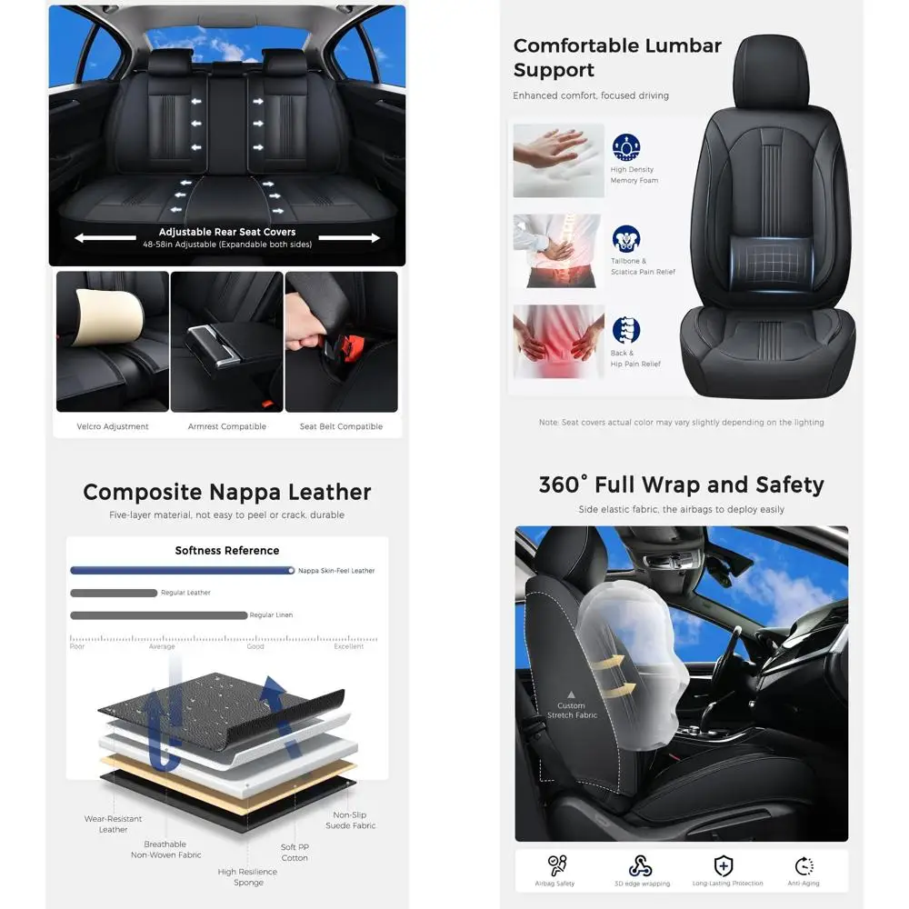 

Черные чехлы на сиденья, чехлы на автомобильные сиденья из кожи наппа с поясничной опорой, вентиляционные отверстия, регулируемая липучка, подушка безопасности, полный чехол