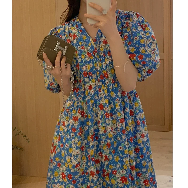 Summer V-neck Floral Dress Korean Style Loose Flower Printed Dress Women Clothes Casual Short Sleeve A-line Dress Vestidos 27991