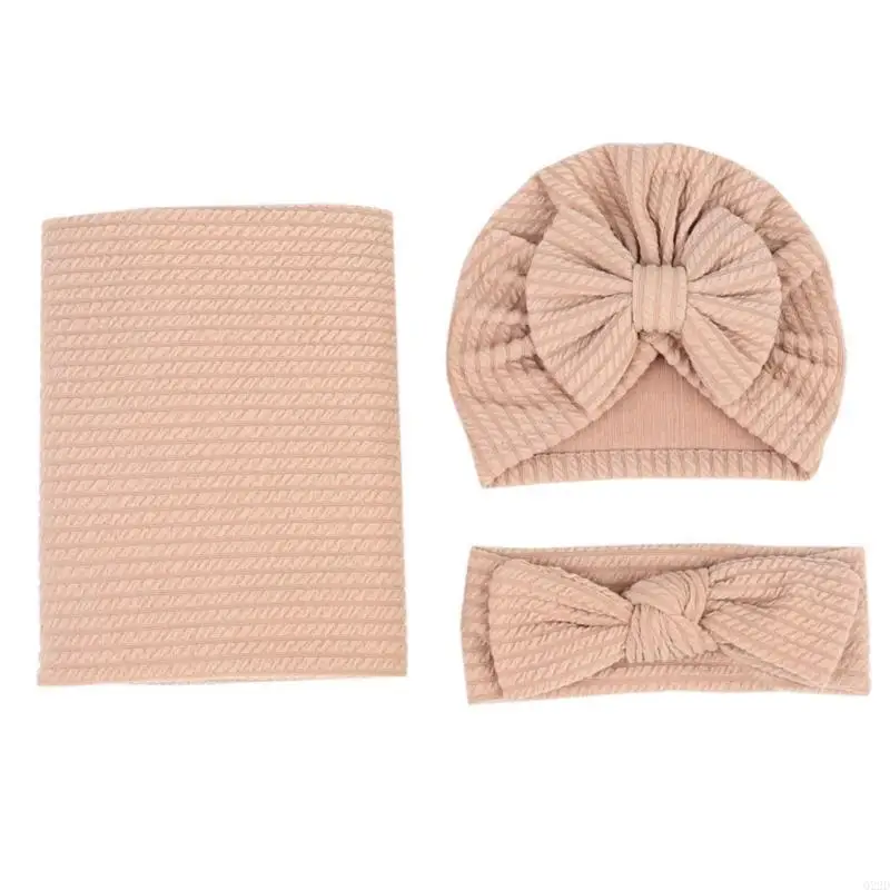 

Q22D Baby Swaddle Blanket Breathable Bowknot Headband Hat 3-in-1 Newborns Shower Gift