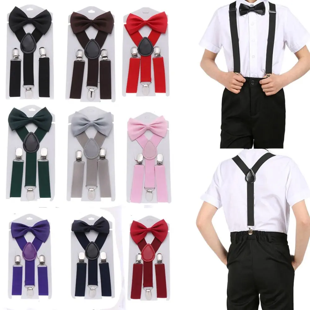 Clip per bretelle per bambini Set di bretelle per cravatta papillon Clip per pantaloni appesi per ragazzi
