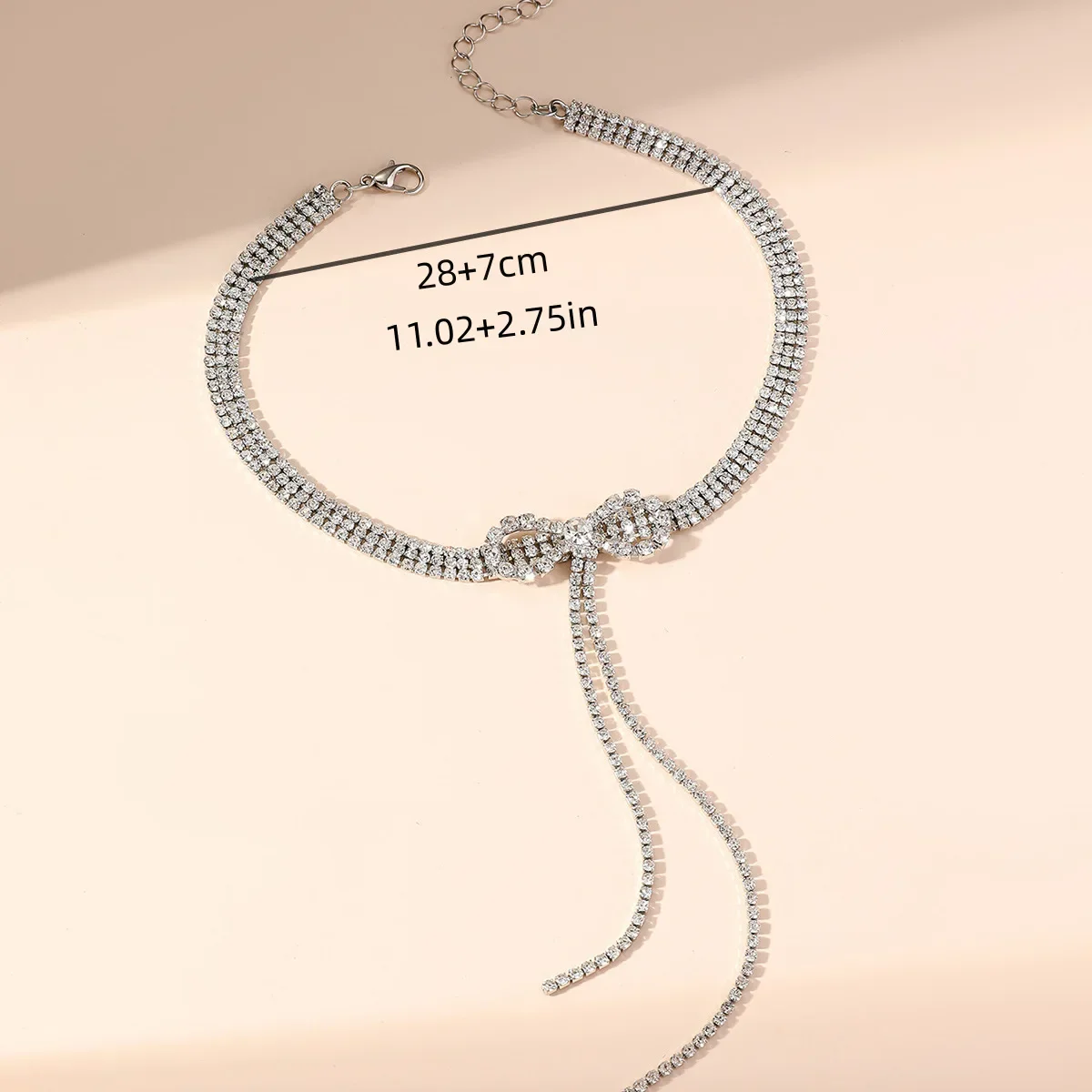 Light Luxury Long Bow Collar Necklace Personality Diamond Tassel Teardrop Shaped Silver Necklace Lady Graduation Gift