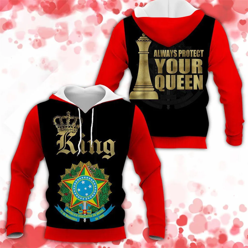 HX Valentine Hoodies Brazil Valentine King Queen 3D Printed Hoodie Tops Sweatshirts Long Sleeve Coats Men Clothing Dropshipping