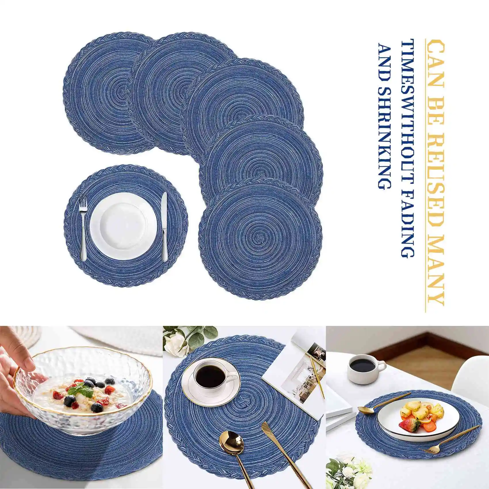 Round Braided Placemats for Dining Table Set of 6 - Woven Heat Resistant Non-Slip Kitchen Table Mats, 36 Diameter, Blue