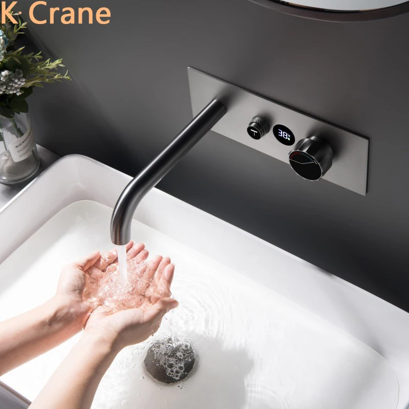 

Concealed Wall Mount Basin Faucet Bathroom Vanity Sink LED Digital Crane Filter Coloum Water Modern Luxury Copper Taps Grifos