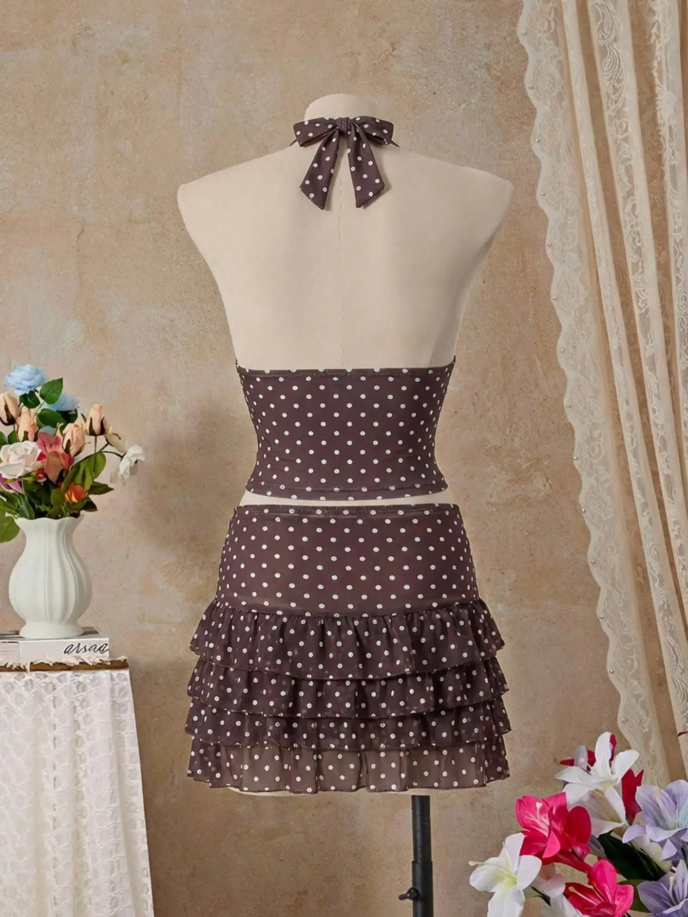 Women's Polka Dot And Gingham Halter Neck Tankini Set With Ruffled Skirt For Beach Vacation