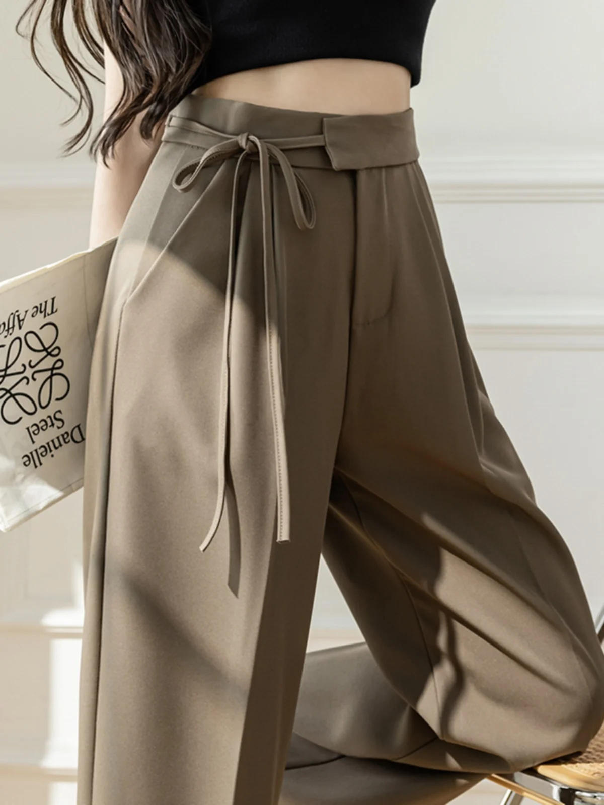 

Женские брюки с высокой талией и прямыми штанинами, широкие повседневные брюки с поясом, осенняя новинка, модные универсальные женские брюки