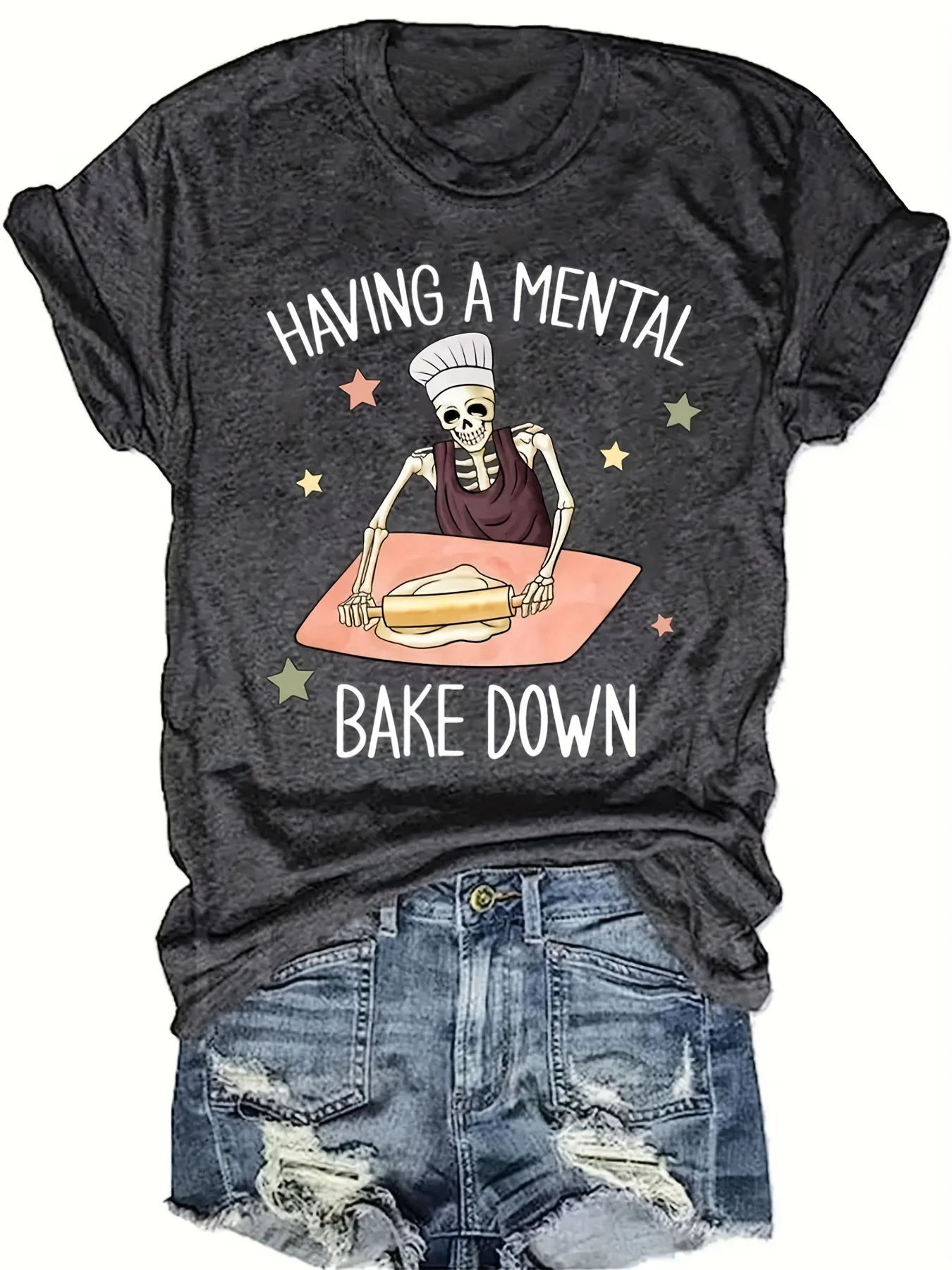 

Women's Funny Halloween T-Shirt - Dark Gray Crew Neck Tee with Having a Mental Bake Slogan & Chef Skeleton Graphic - Soft Fabric