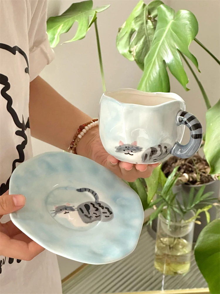 

Meow A Meow~Cute Healing Milk Blue Cute Kitten Tail Ceramic Cup Dish Coffee Cup Couple Birthday Gift