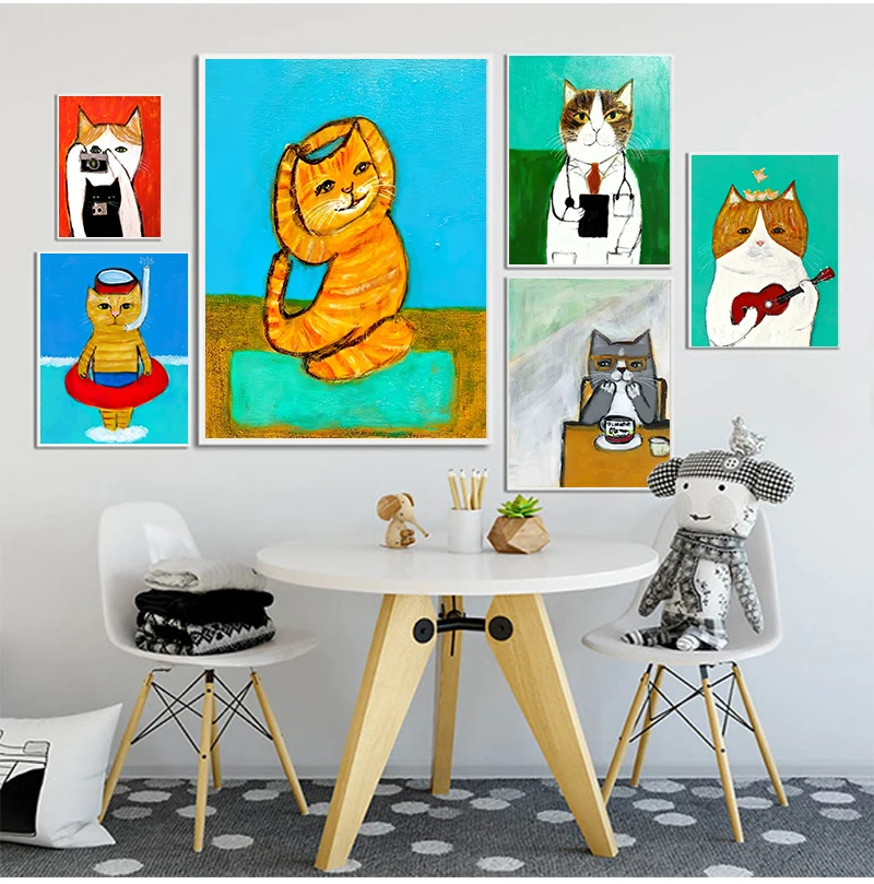 Fresh Style Cat Wall Art Canvas Paintings Prints Creative Cat's Life on Poster Cat Home Decor for Livingroom Decoration