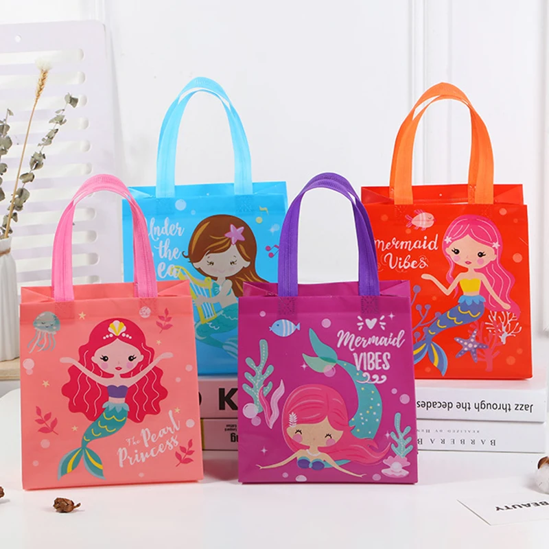 4pcs Cartoon Mermaid Print packing bag Girls Little Mermaid Theme Birthday Party Gift Bag Under The Sea Party Decor Favor bag