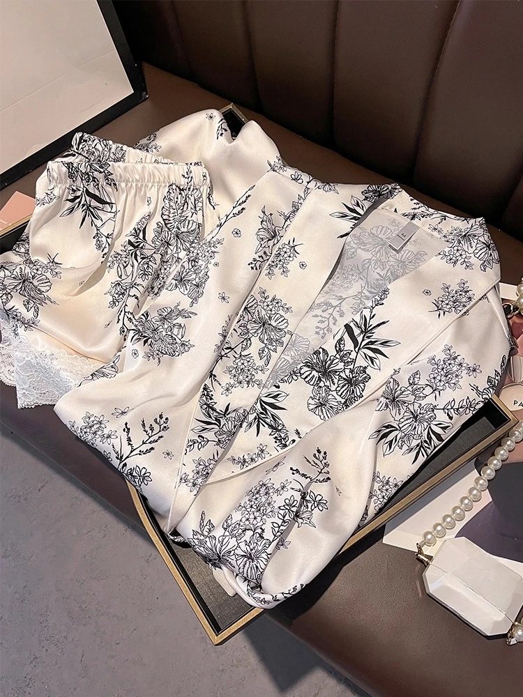 Nouveau Ensemble pyjama femmes peinture à l'encre 100% soie de mûrier luxe à manches longues vêtements de maison