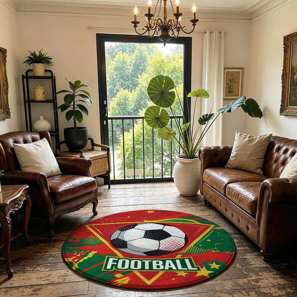 1pc football-themed badge round floor mat for living room, sofa, bedside, and home decoration. It's a washable carpet.