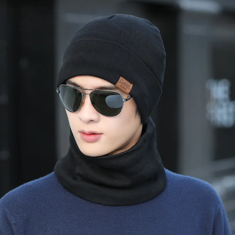 

Padded Scarf Hat set Men's Winter Knitted Wool Over The Head Ear Cotton Cap Korean style Female Students Cycling Windproof Cap