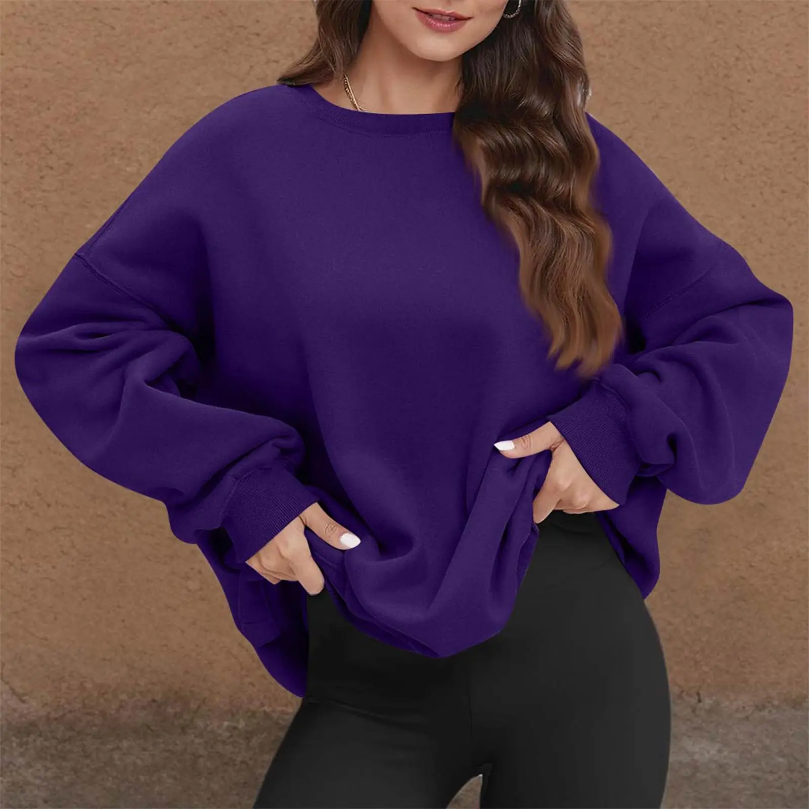 Tops De cuello redondo para Mujer, Jersey informal De algodón a la moda De manga larga con bolsillos y cuello redondo, blusa superior, Sudaderas De Mujer