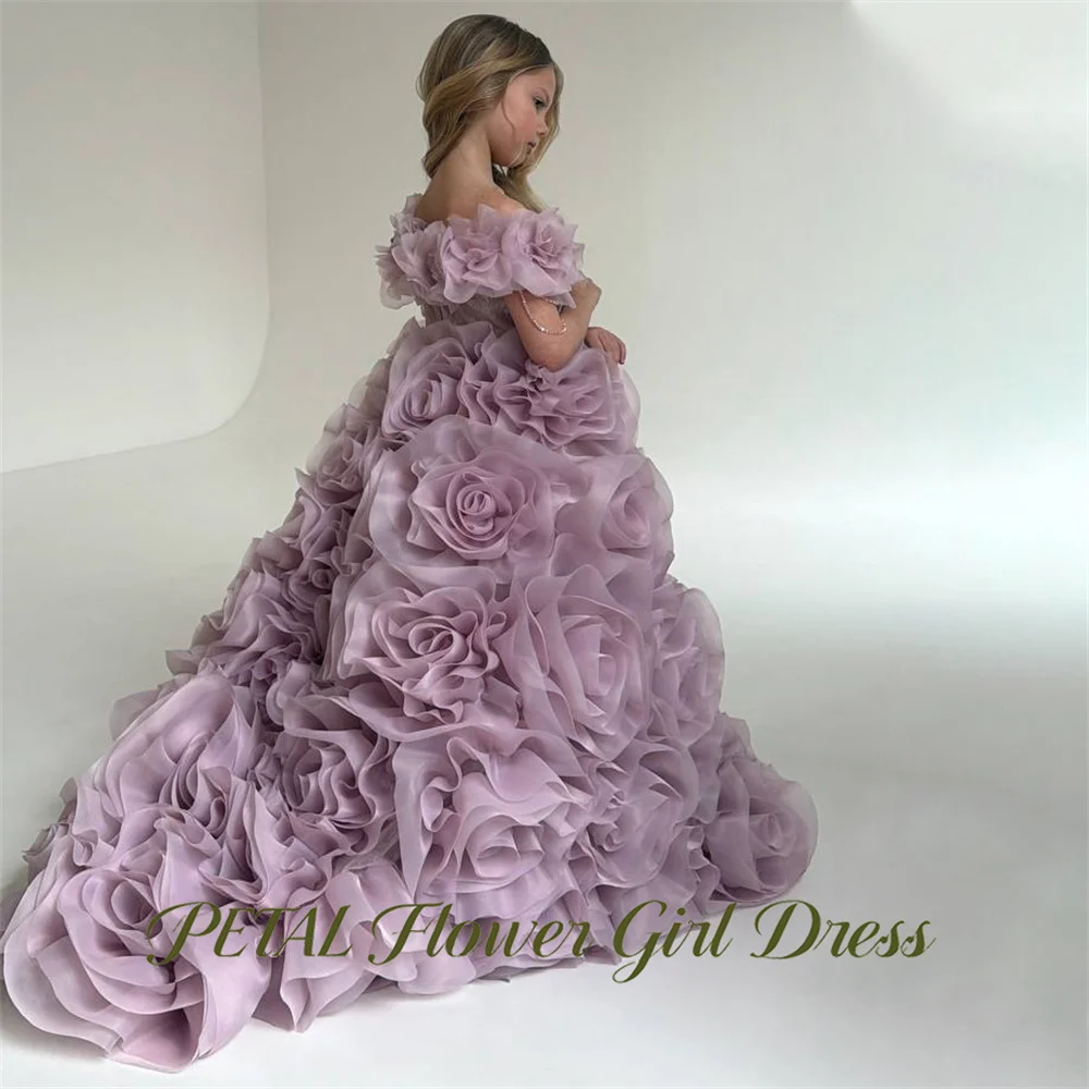 Petal with 3D Floral Flower Girl Dress Long Train Kids Birthday Party Dress Dusty Lavender Tutu Fluffy Prom Gown Customized