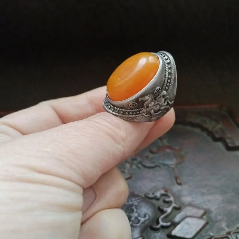 Vintage Patina Beeswax Inlaid Ring, Oval Cabochon Retro Craft Horse Pattern Adjustable Jewelry