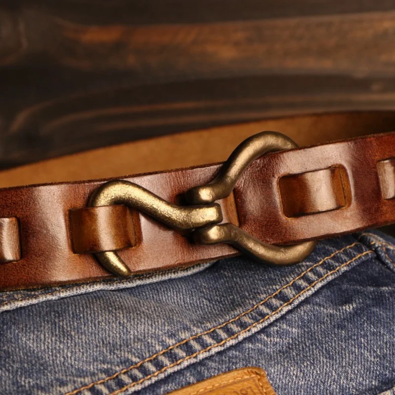 

3.4CM Luxury Handmade Thickening Pure Cowhide Copper Buckle Men's Belt High Quality Genuine Leather Retro Casual Jeans Male Belt